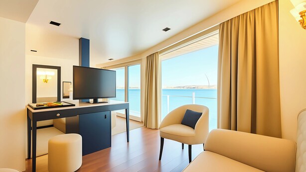 A modern room with a flat-screen TV, a desk, a comfortable sofa, and a large window offering a view of the sea. - Nile Cruise Royal Queen 2 Every Wednesday from Aswan 3 nights and every Saturday from Luxor 4 nights (Aswan)