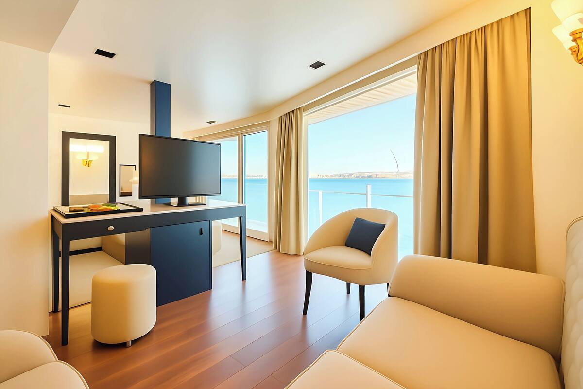 A modern room with a flat-screen TV, a desk, a comfortable sofa, and a large window offering a view of the sea.