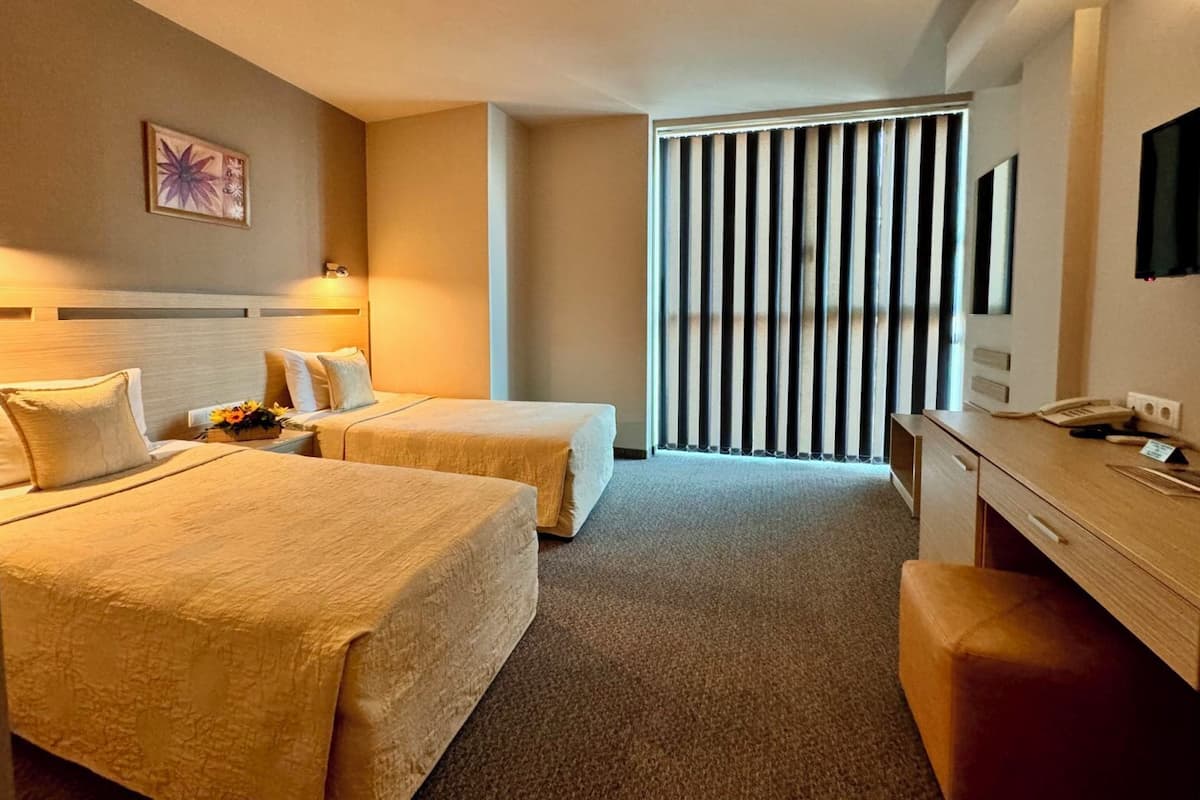 Habitación de hotel con dos camas, un escritorio, una silla, un televisor y una ventana con persianas.