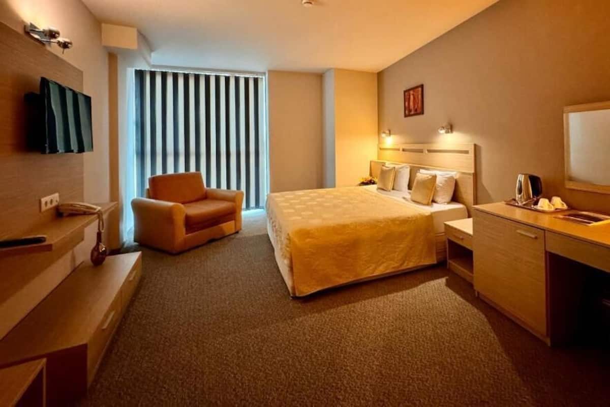 Habitación de hotel con cama, escritorio, silla, televisor y ventana con persianas.