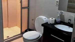 A compact bathroom with a shower enclosure, a toilet, and a sink with a mirror above.