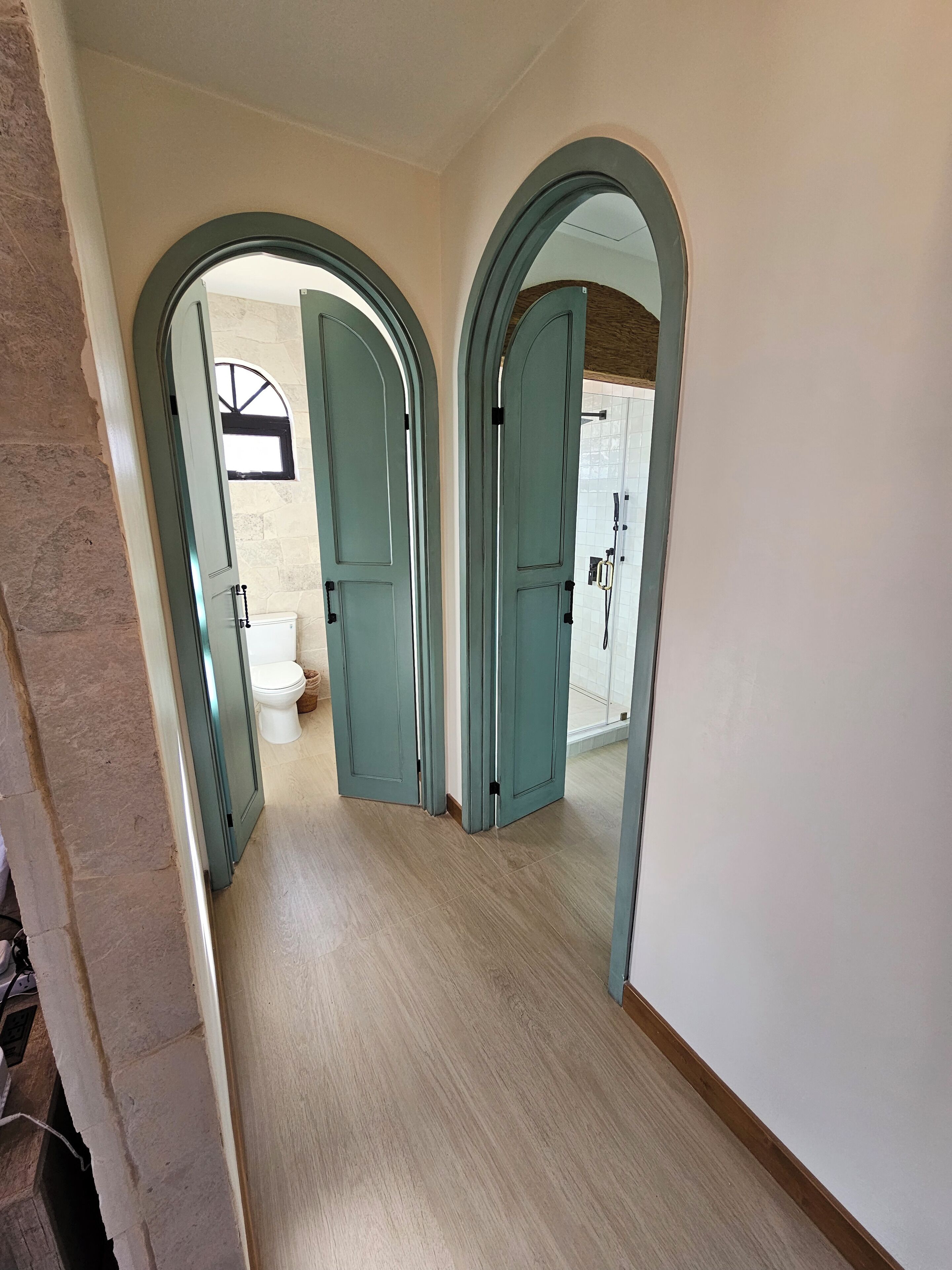 A hallway with two teal doors leading to a bathroom with a white toilet and a shower.