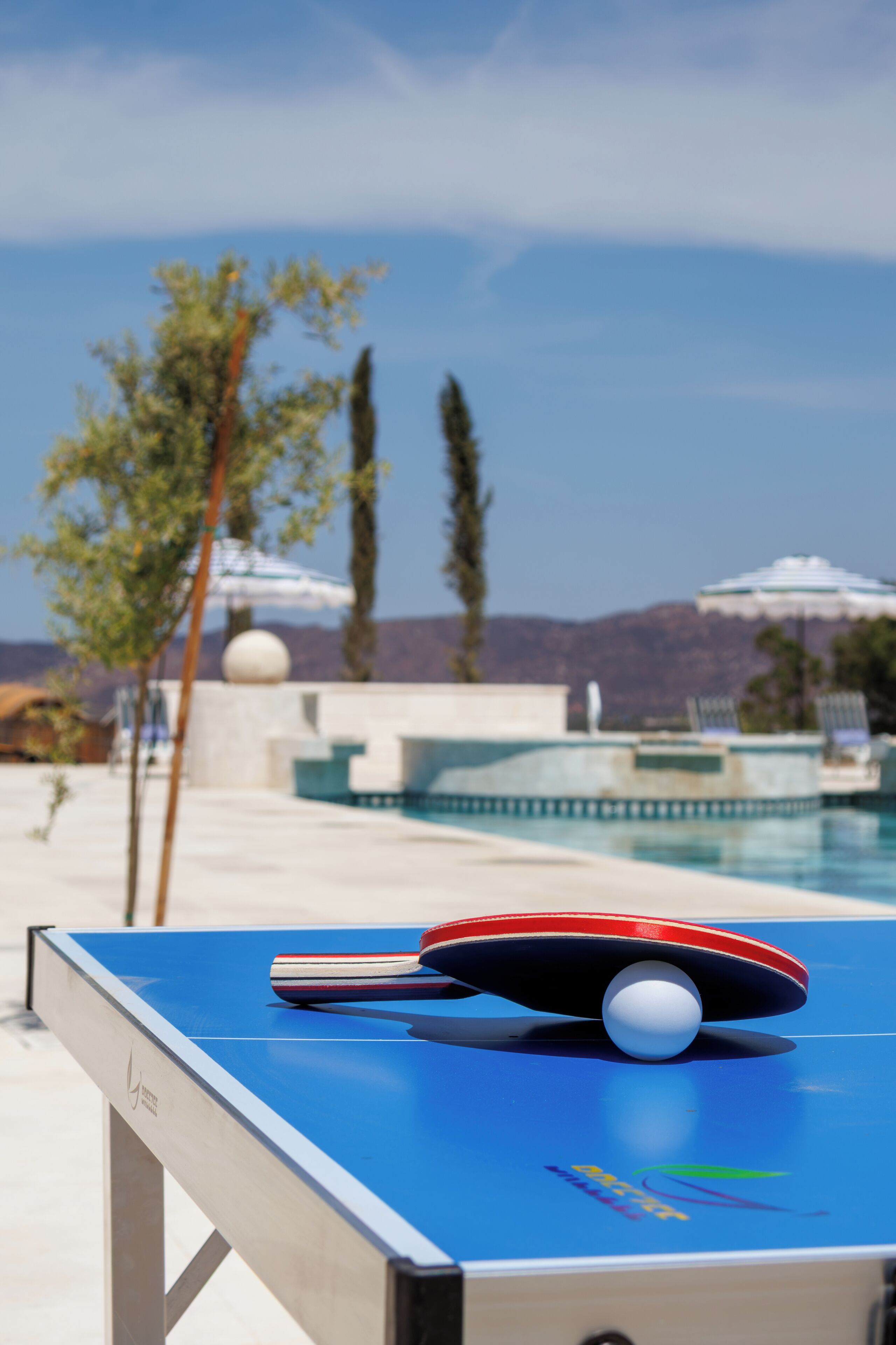 Mesa de ping pong con una pelota y una raqueta, piscina y vistas a montañas al fondo.