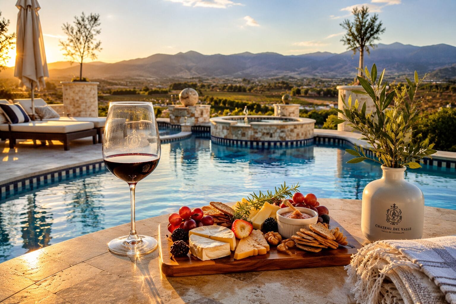 A poolside setting with a glass of red wine, a cheese board with various cheeses, fruits, and nuts, and a vase with greenery.