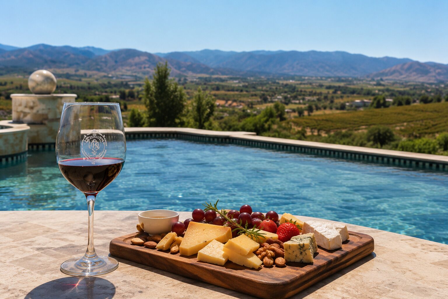 A poolside setting with a glass of red wine, a cheese board with various cheeses, fruits, and nuts, and a view of mountains in the background.
