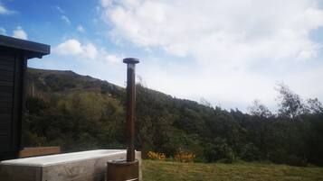 A wood stove in a backyard with a view of a mountain and a house.