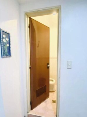 Hair dryer, towels, soap, toilet paper