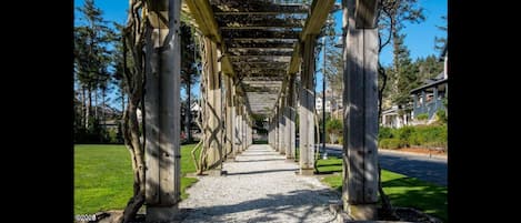 Une structure de pergola en bois, avec un chemin de gravier qui la traverse.