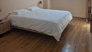 A bedroom with a skylight, wooden flooring, a bed, bedside tables, and a wall-mounted lamp. - Gîte du Château de la Haye, I History and Nature (Saint-Hilaire-des-Landes)