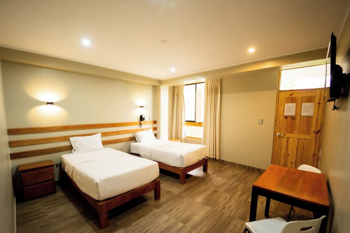 A hotel room with two single beds, a wooden desk, a chair, a nightstand, and a wooden wardrobe.