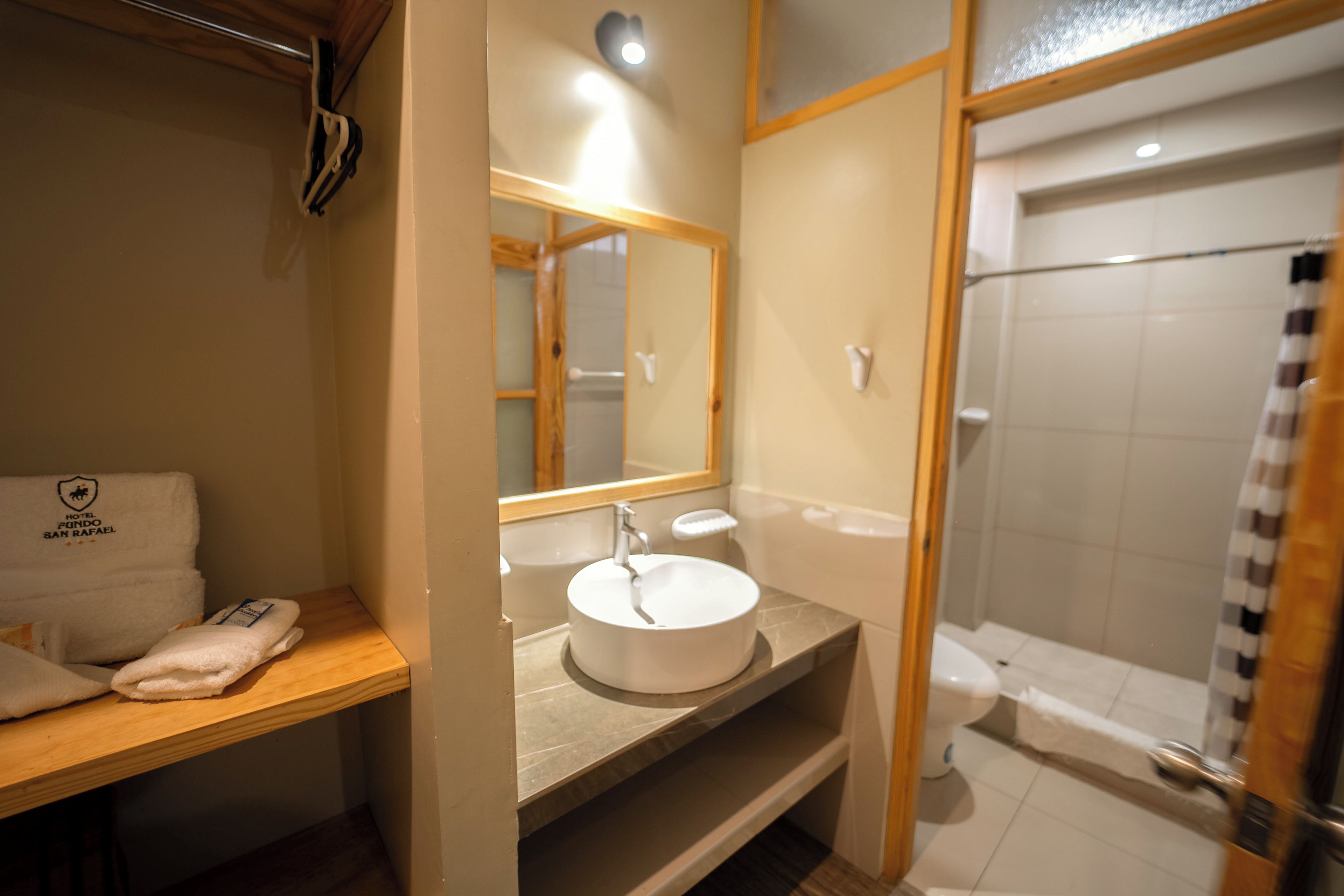 Un baño de hotel con lavamanos, espejo y ducha.