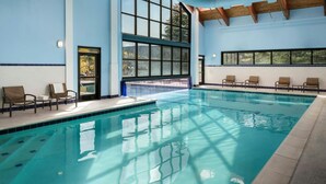An indoor swimming pool with clear blue water, surrounded by lounge chairs and a view of trees through large windows.