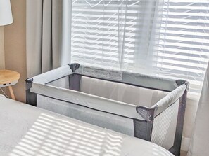 1 bedroom, desk, iron/ironing board, travel cot