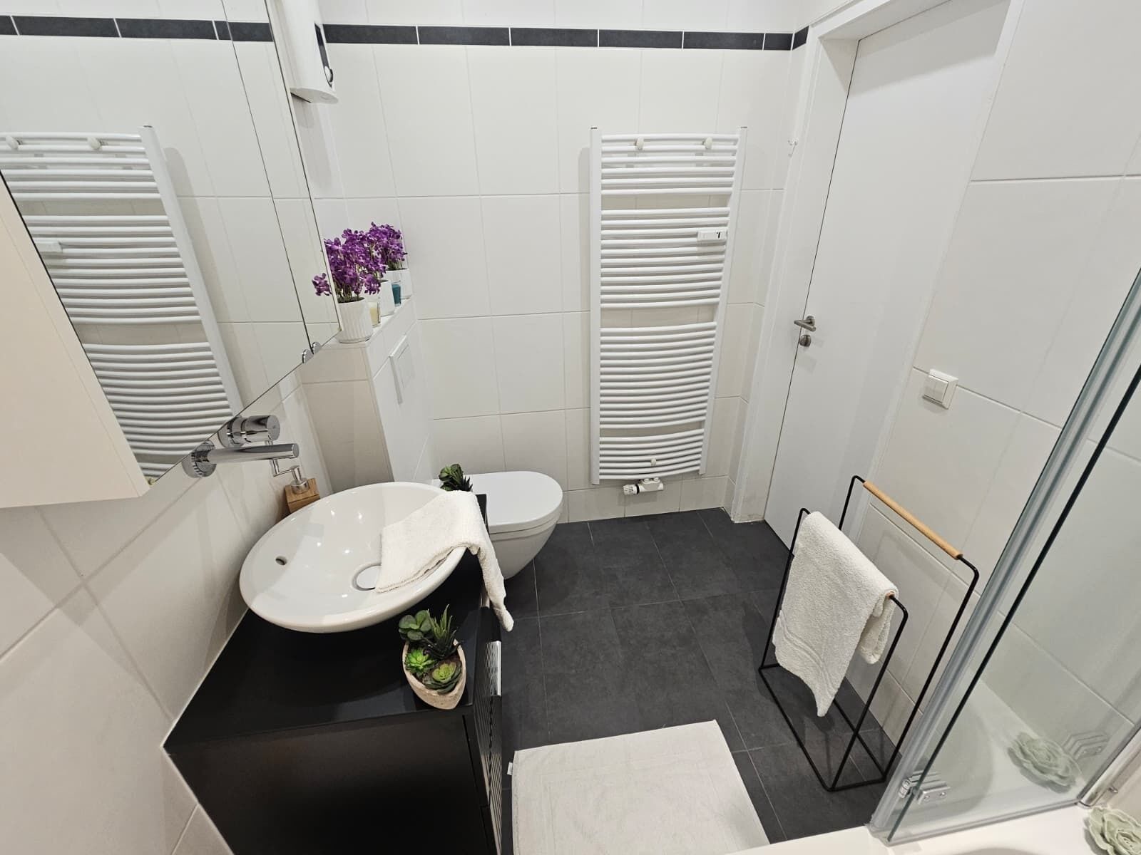 Een moderne badkamer met een wit wastafelmeubel, toilet en douchegedeelte. Er staan twee handdoekrekken en een kleine potplant op het aanrecht.