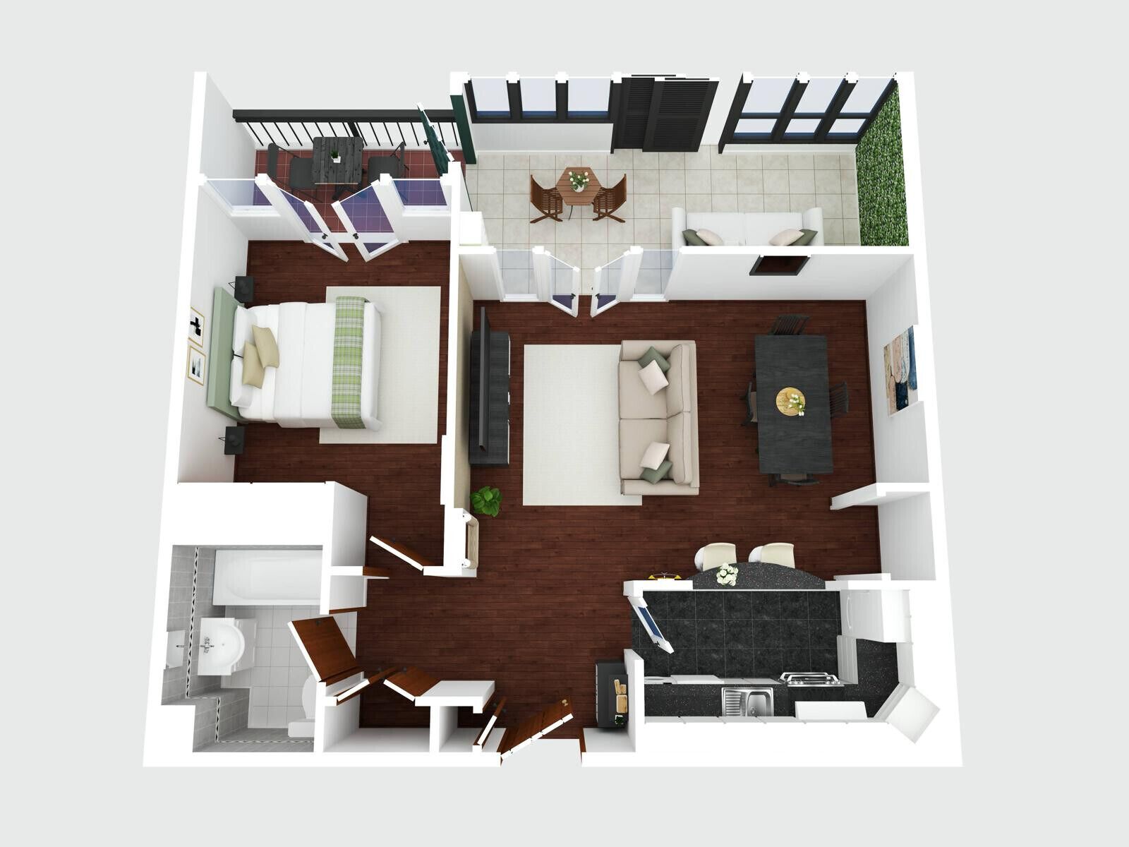 A 2-bedroom apartment layout with a living room, dining area, kitchen, and balcony.