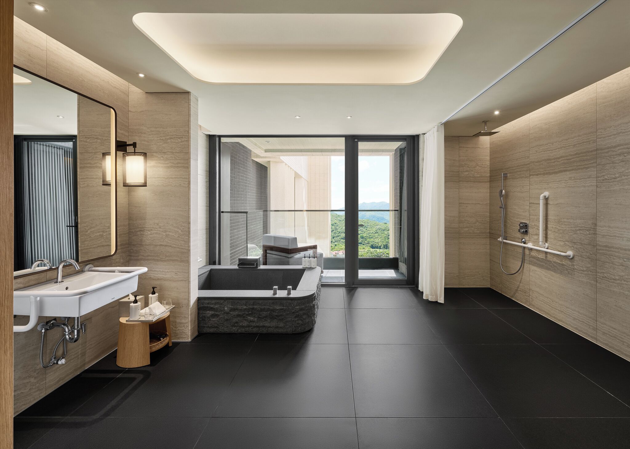Separate tub and shower, spring water tub, rainfall showerhead