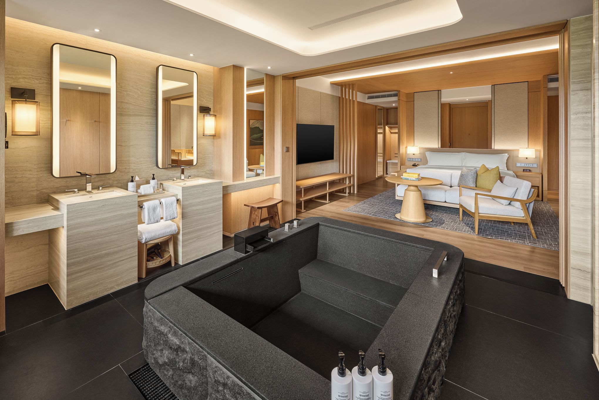 A modern hotel room with a large bathtub, a sofa, and a TV.