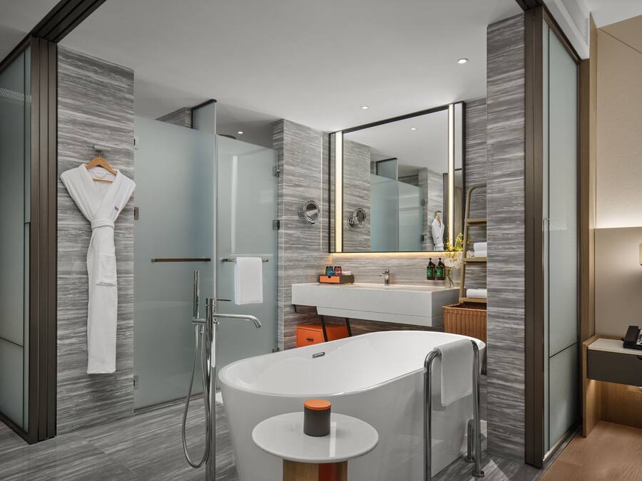 A modern bathroom with a large bathtub, a glass shower enclosure, a vanity with a mirror, and a robe hanging on a rack.
