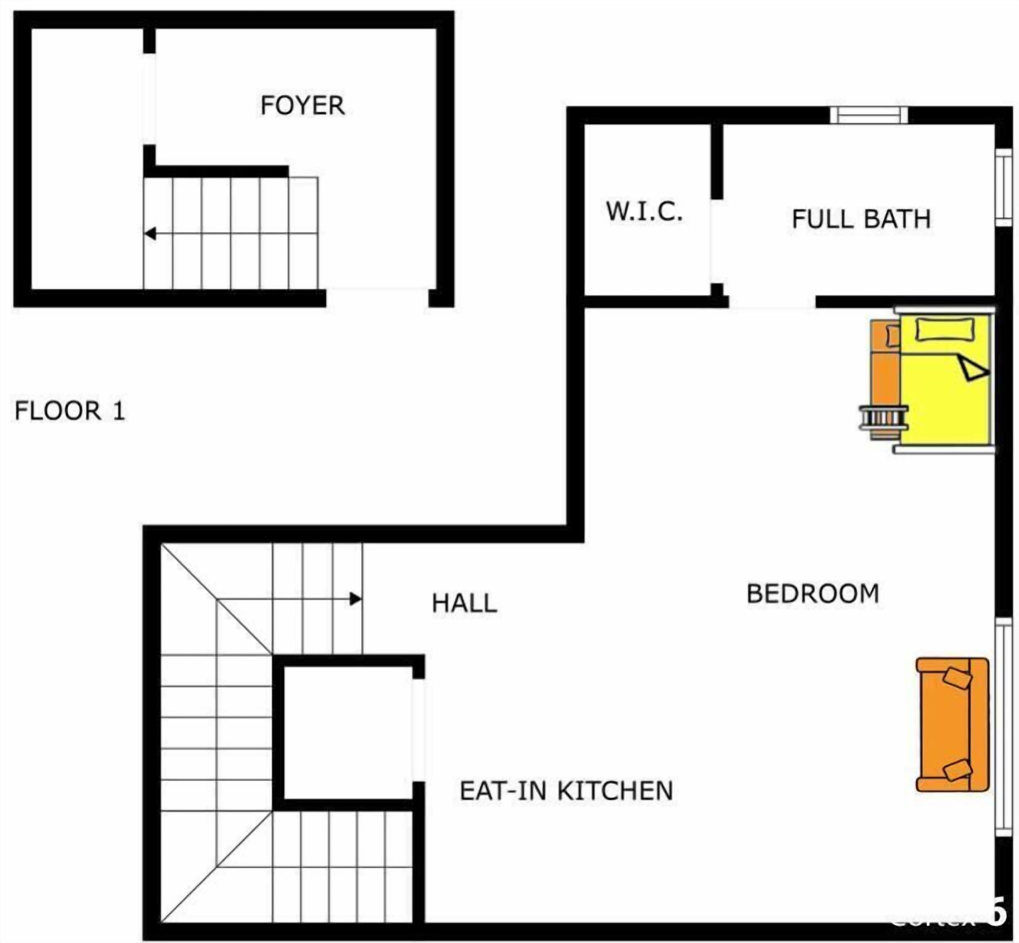 A floor plan with a foyer, full bath, W.I.C., bedroom, hall, and eat-in kitchen.