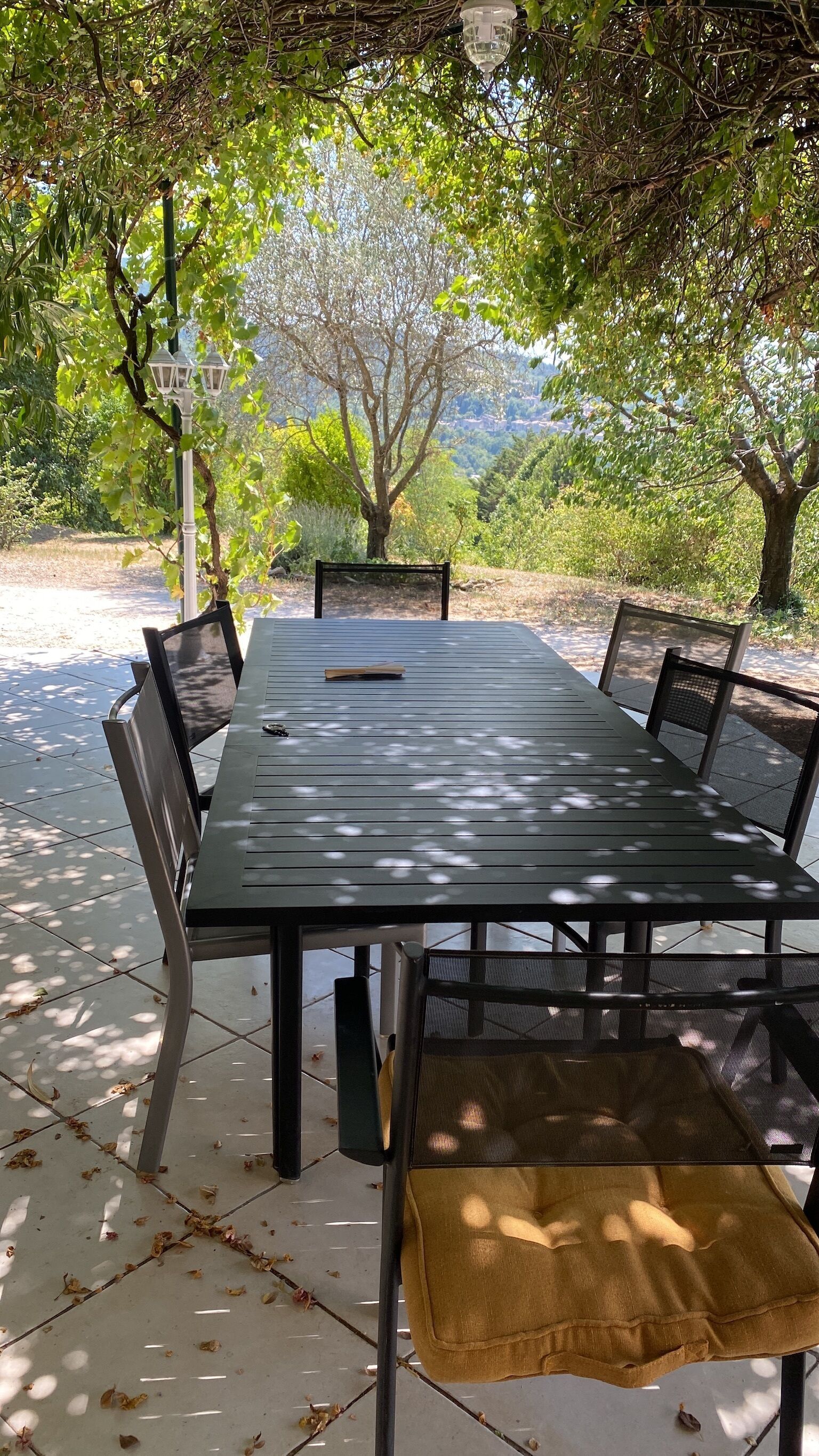 An outdoor dining area with a table and chairs, surrounded by trees and a view of the landscape.