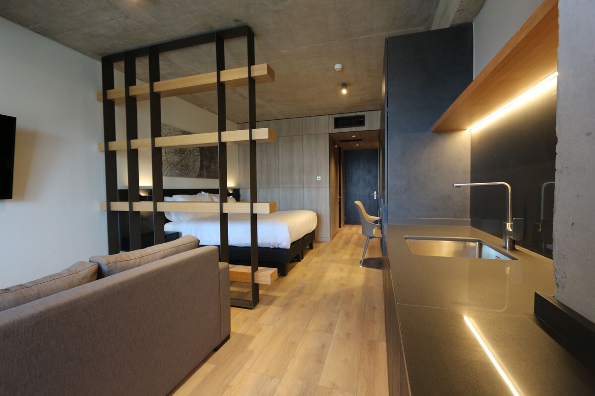 Una habitación de hotel moderna con cama, sofá y kitchenette.