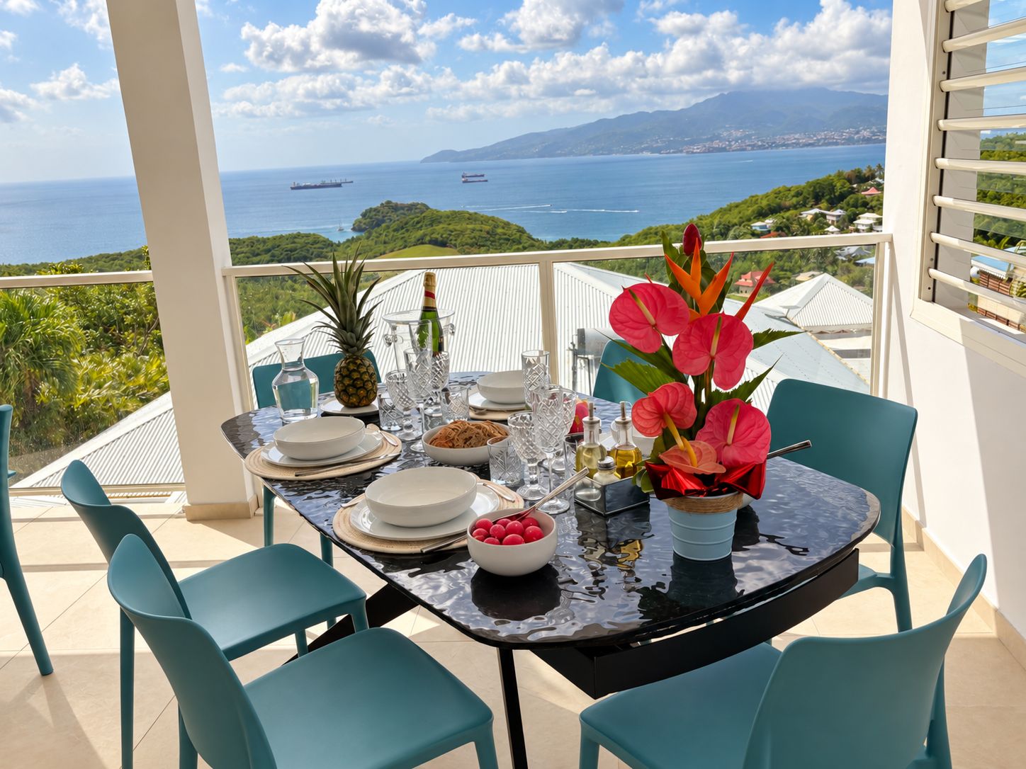 A table set for dining with a view of the sea and mountains.