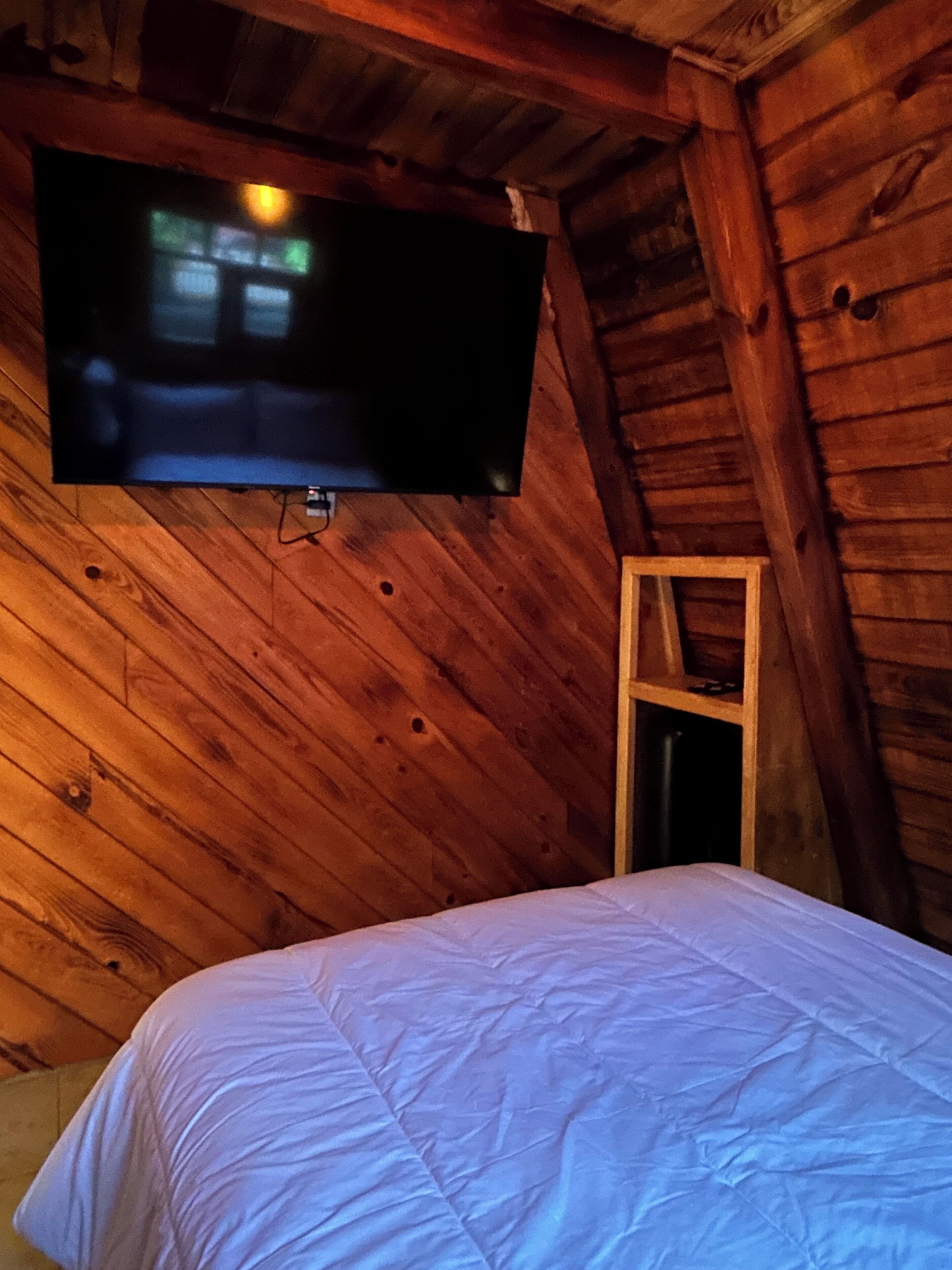 Una habitación con una cama, un televisor montado en la pared y paneles de madera.
