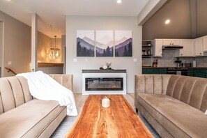 Smart TV, fireplace, table football, books