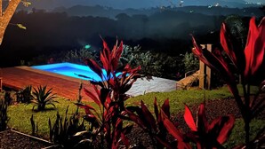 Ein Außenbereich bei Nacht mit Pool, beleuchteten Pflanzen und Blick auf entfernte Berge.