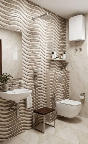 Neljän hengen deluxe-huone, kaupunkinäköala | Kylpyhuone | Suihku, tohvelit, pyyhkeet, saippua