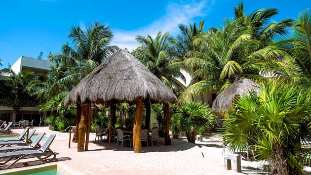 A poolside area with lounge chairs, a thatched-roof pavilion, and palm trees. - Welcome to this 1 bed 1 bath condo with splendid pool view (Progreso)