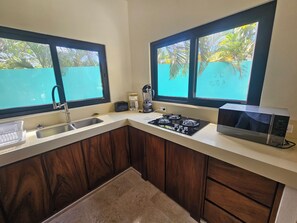 Una cocina con lavamanos, estufa, microondas y ventanas que dan a palmeras.
