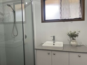 Hair dryer, towels, soap, shampoo