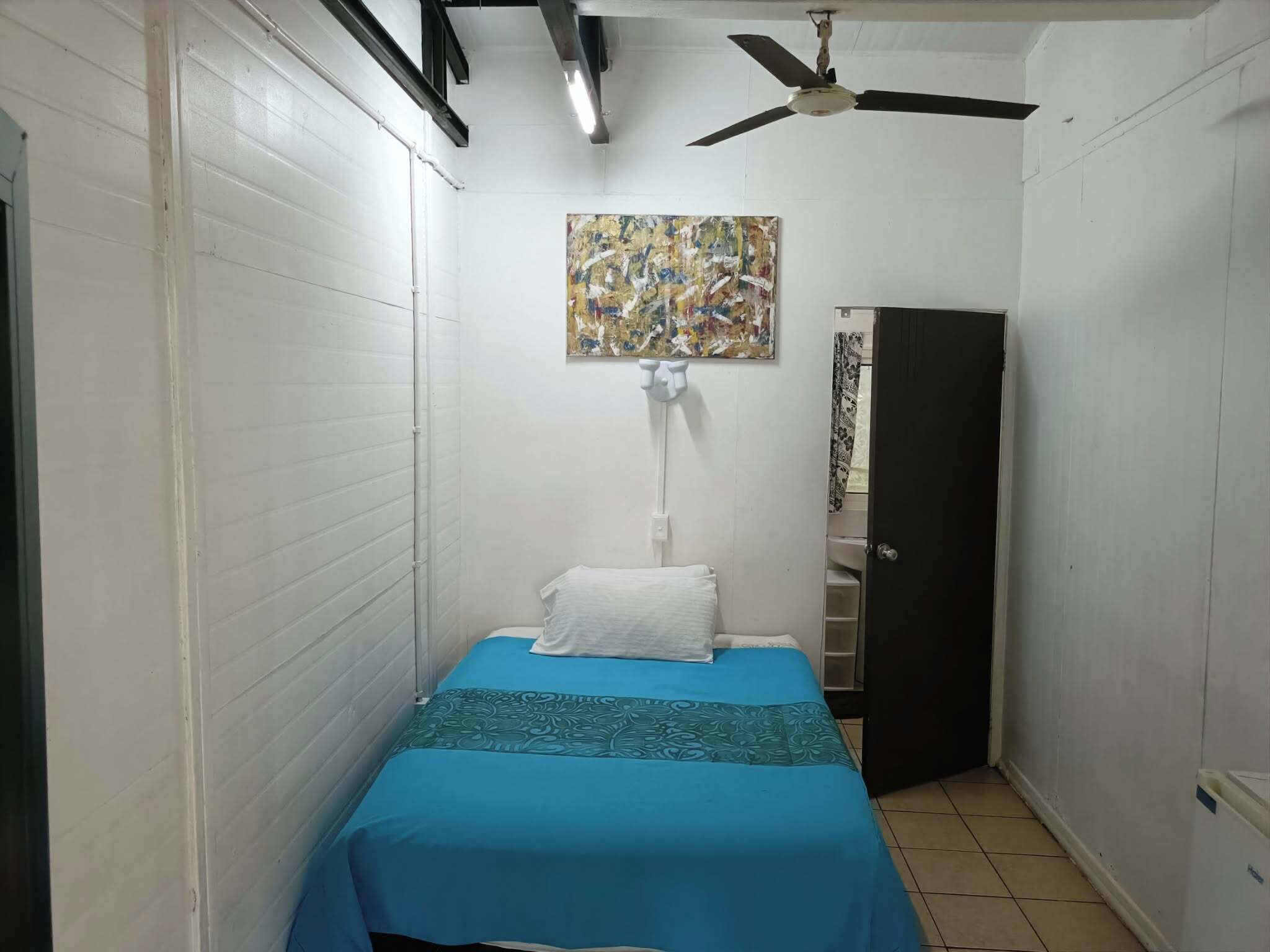 A small, narrow room with a single bed, a ceiling fan, and a wall-mounted painting.