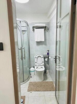 Hair dryer, towels, soap, toilet paper