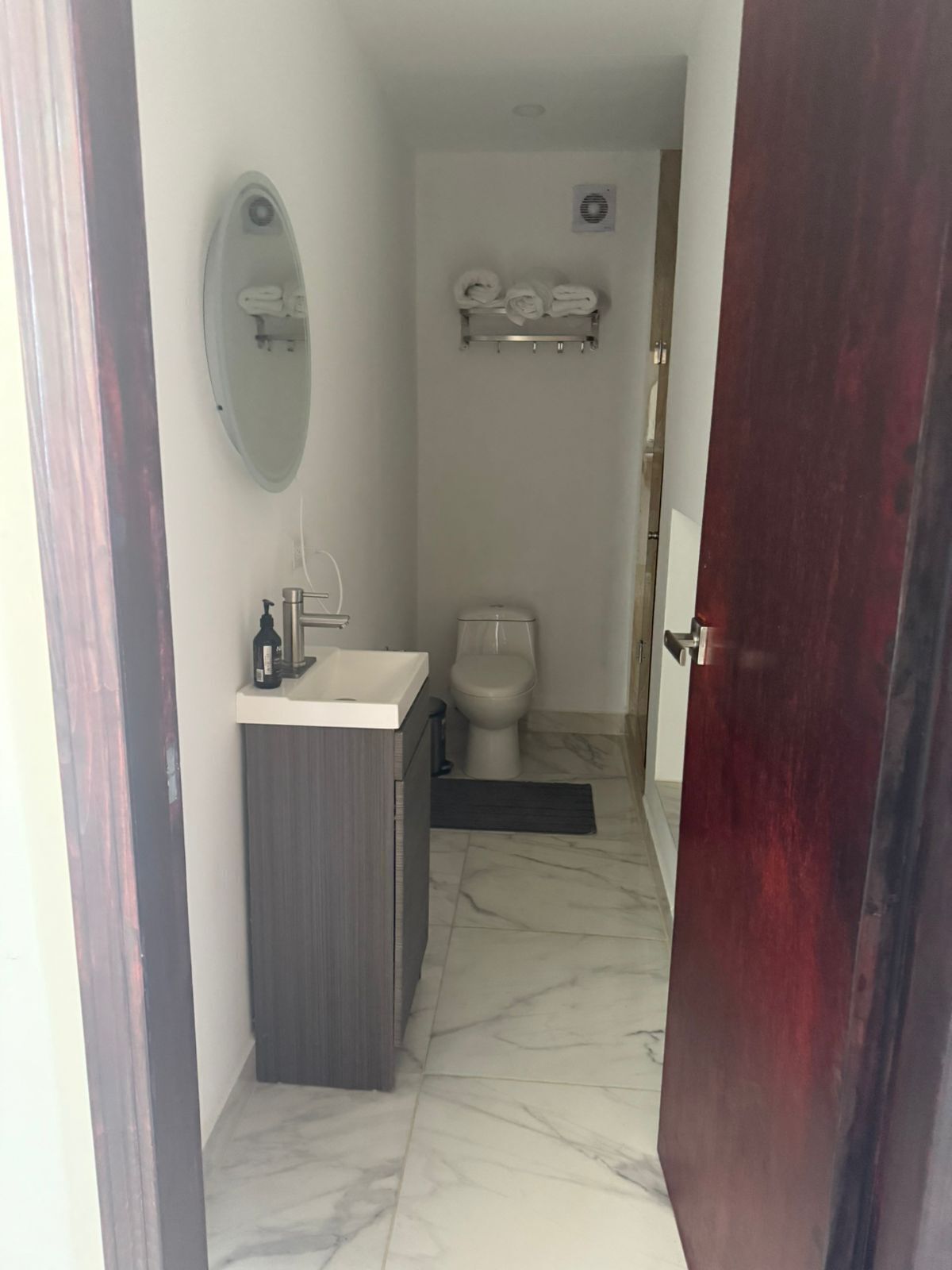 Een kleine badkamer met toilet, wastafel en spiegel.