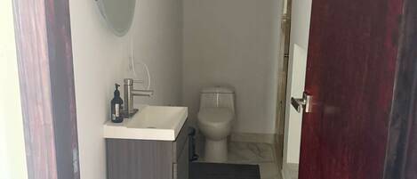 Een kleine badkamer met toilet, wastafel en spiegel.