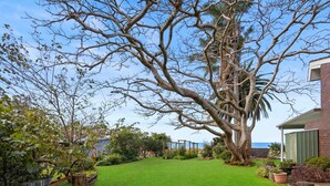 A well-maintained garden with a large tree, a grassy lawn, and a view of the sea.