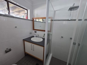 Un baño con lavamanos, espejo, ducha y paredes de azulejos.