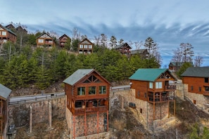 A cluster of log cabins with balconies, surrounded by dense forest, and a stone retaining wall.