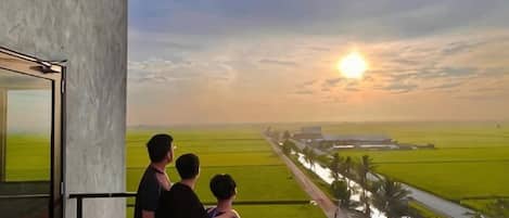 A balcony with a view of a sunset over a green field.