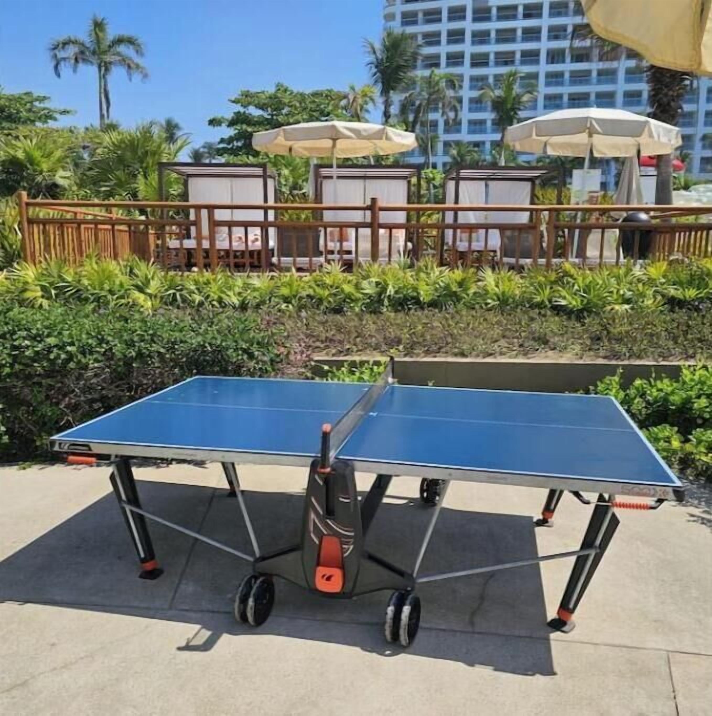 Ein tragbarer Tischtennis-Tisch in einem Außenbereich mit Holzzaun und Bepflanzung.