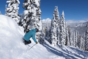 A person skiing down a snow-covered slope with snow-covered trees and mountains in the background.