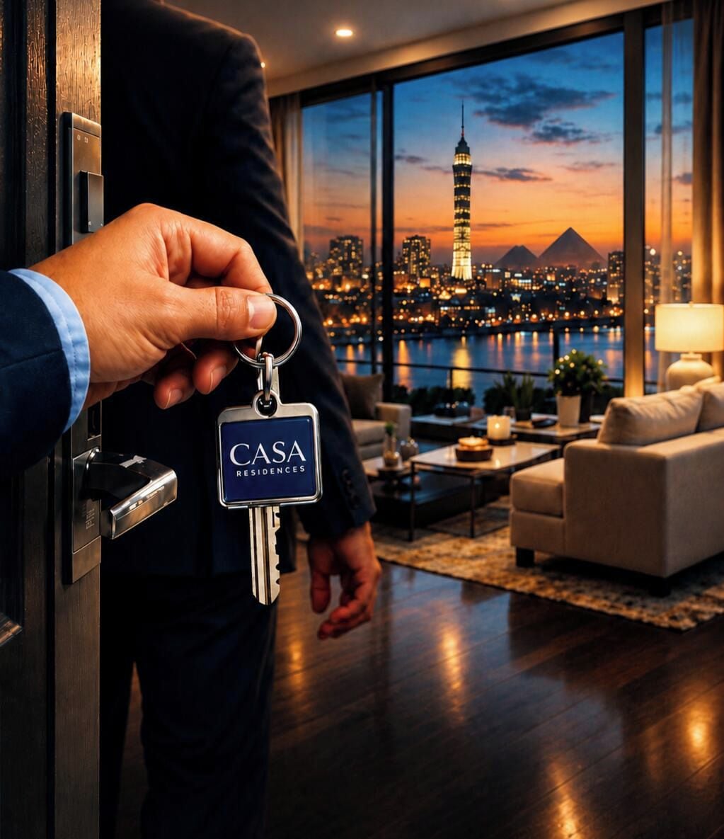 Een persoon houdt een sleutel vast, met een bordje waarop 'CASA RESIDENCES' staat, in een moderne hotelkamer met een groot raam met uitzicht op de stad.