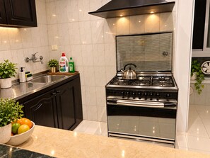 A modern kitchen with a stainless steel stove, oven, and sink. There are potted plants on the counter and a bowl of fruit. - Casa De Horyea 2 - الميرغني (Cairo Governorate)