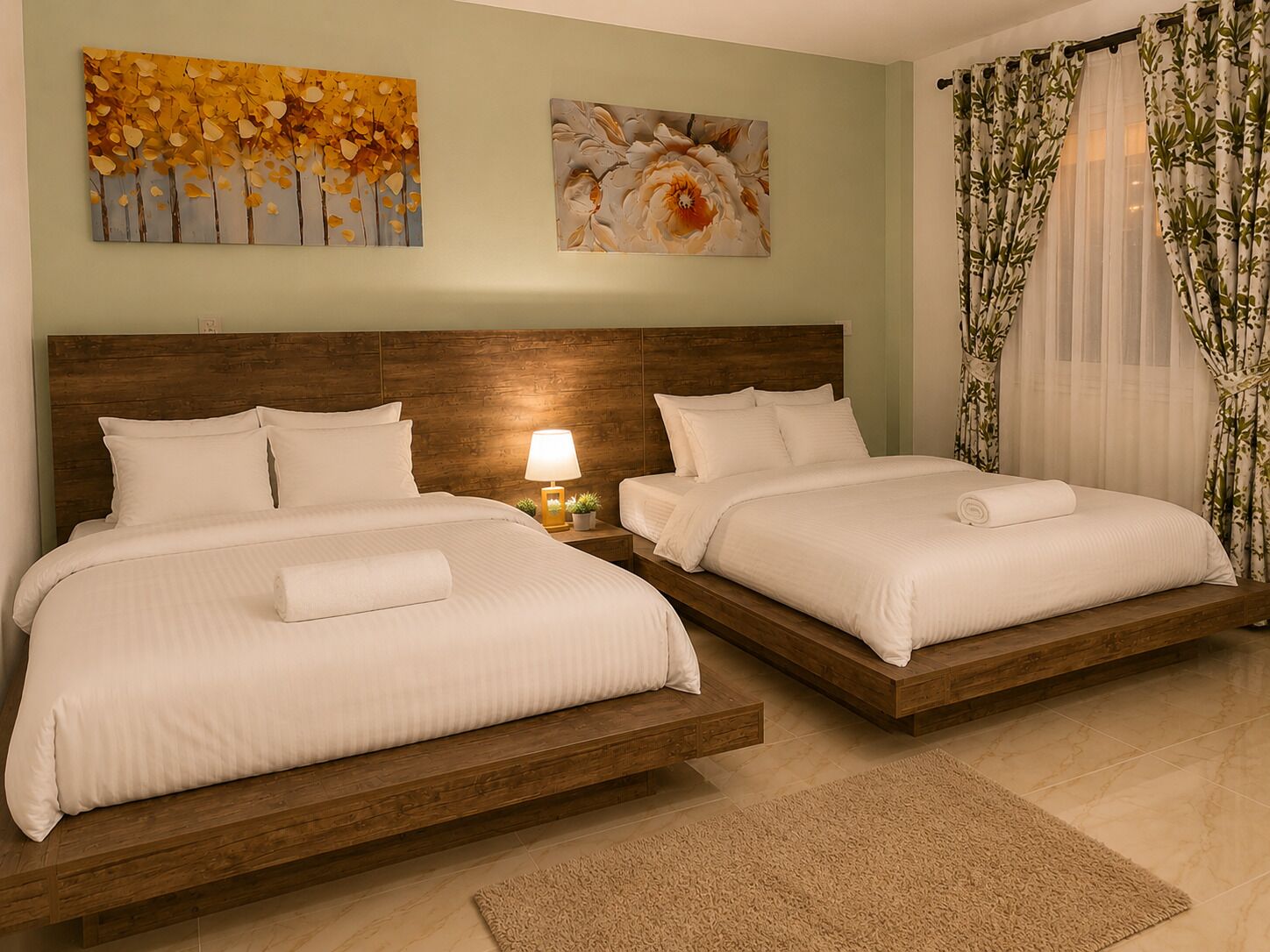 Uma cama de casal com cabeceira de madeira, uma mesa de cabeceira com abajur e duas pinturas na parede.