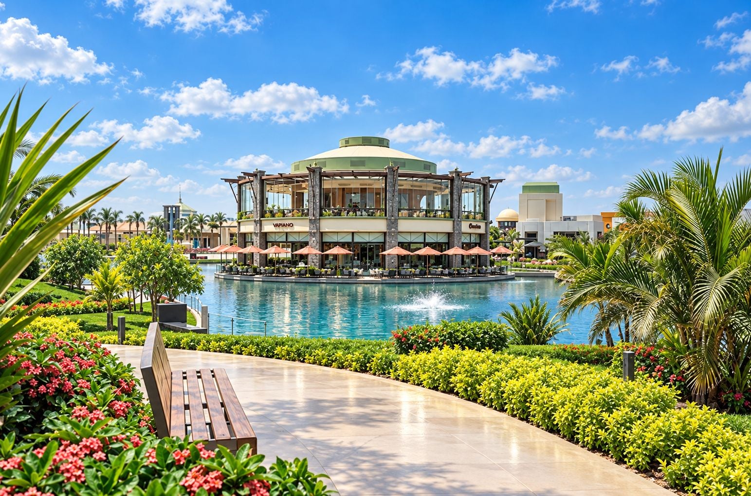 A hotel with a pool, outdoor seating, and a tropical garden.