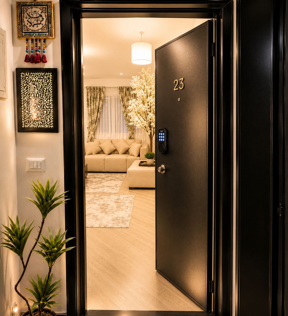A modern interior with a black door marked with the number 23, a digital lock, and a living room with a sofa and decorative plants.