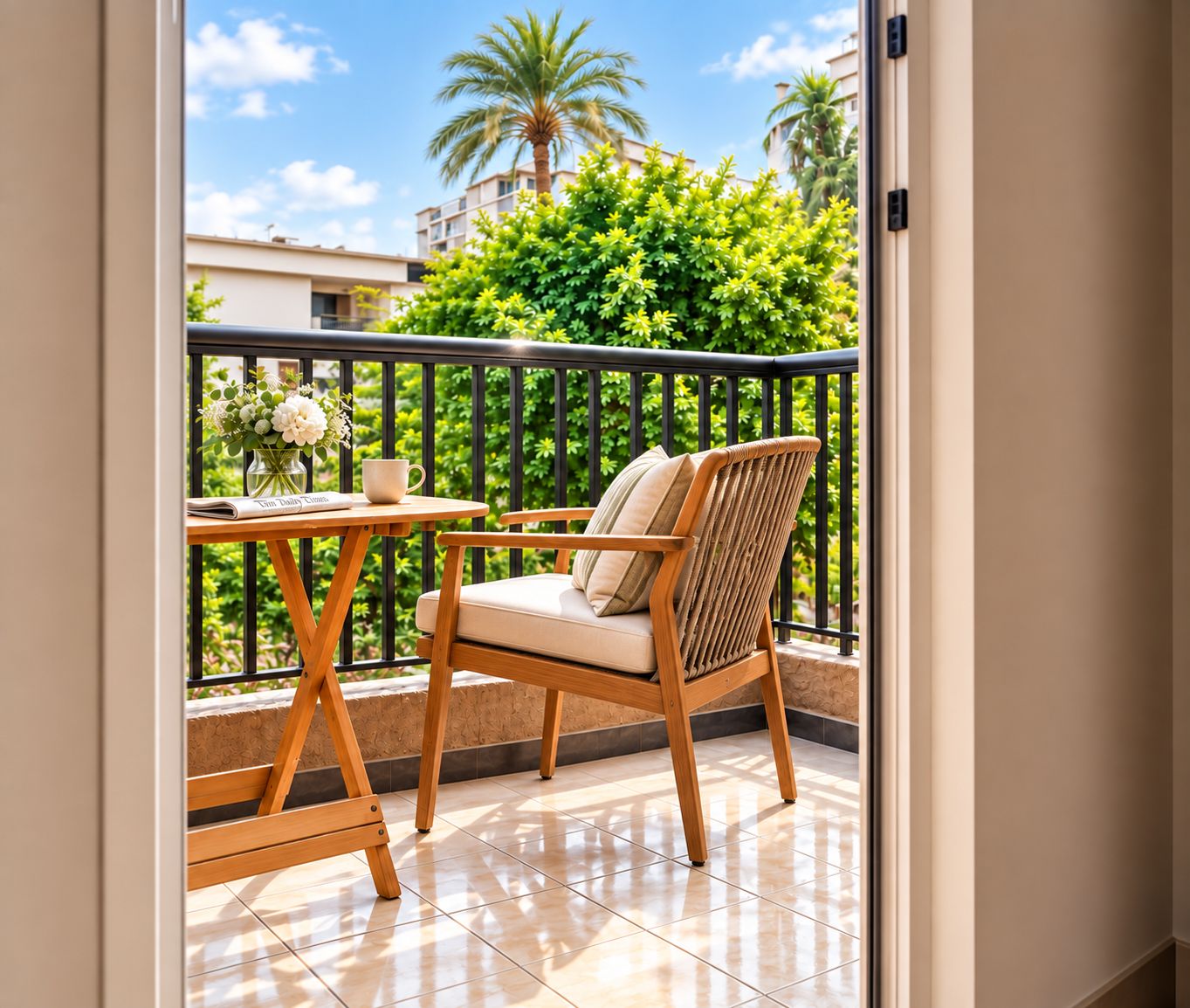 A balcony with a wooden chair and a small table, a vase with flowers, and a newspaper.