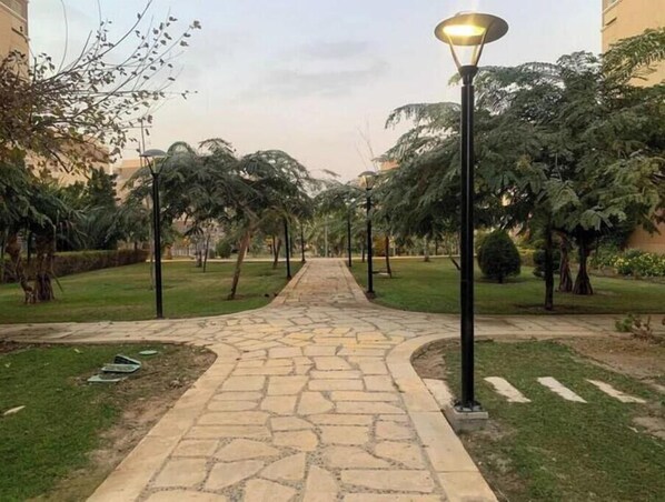 A paved pathway flanked by trees and a street lamp, leading towards a building.
